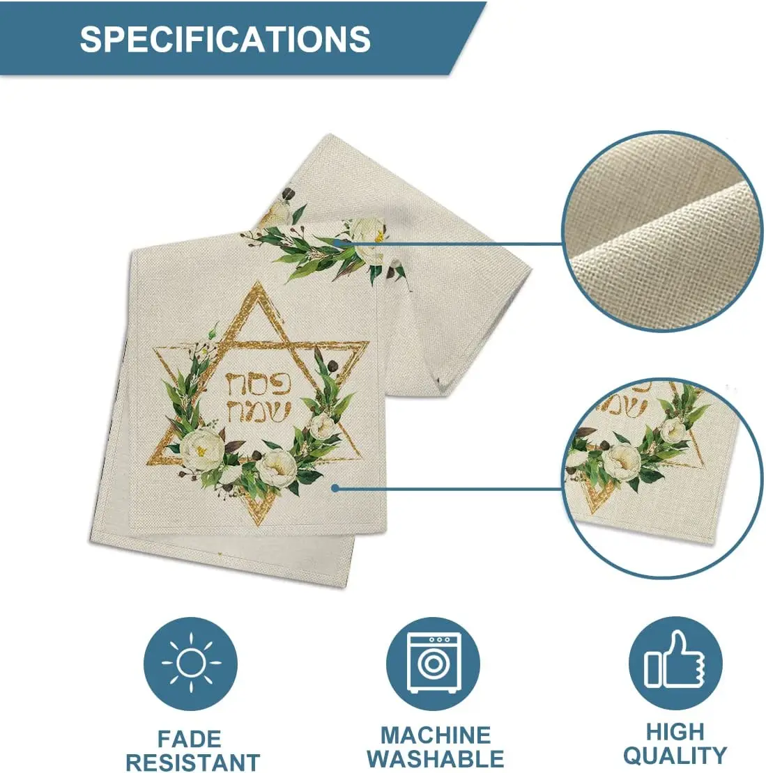 Hexagram Flowers Passover Linen Table Runner Jewish Spring Holiday Kitchen Dining Table Runner Decoration for Home Party Decor