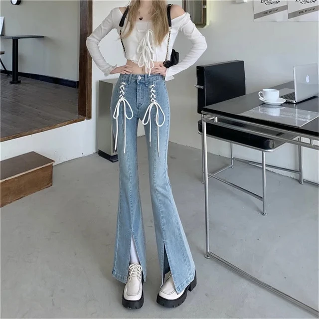 Lace up flare jeans sale