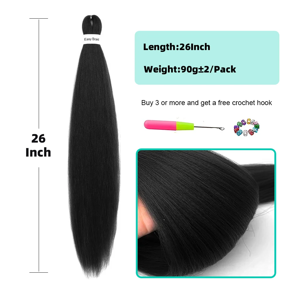 Cabelo trançado sintético para mulheres, trança jumbo, pré esticado, extensões retas yaki, ombre, embalagens, 26"