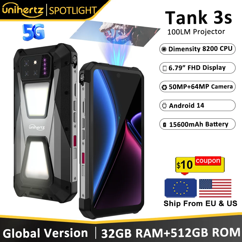 Unihertz tank 3s 8849 powered smartphone with projector 24GB 256GB Dimension 8200 cellphone 15600mAh 66W charger 64MP 5G phone