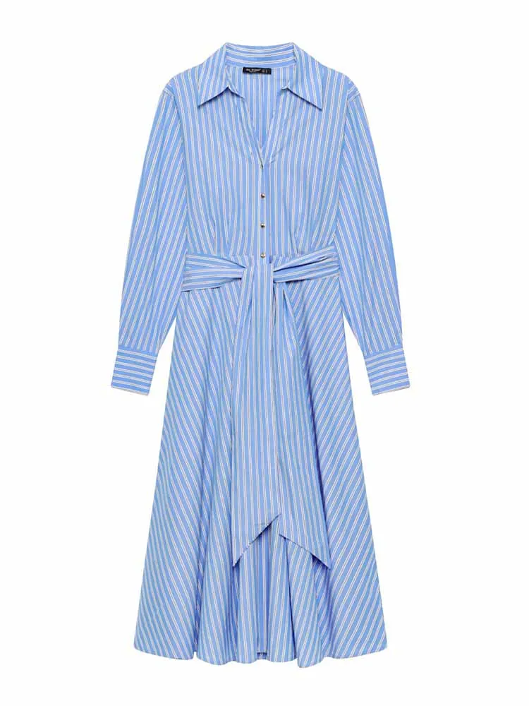 

HH New Woman Spring Fashion Long Sleeves Lapel Solid Color Stripes Shirt Style Dress Female Casual Versatile Commuting Dress