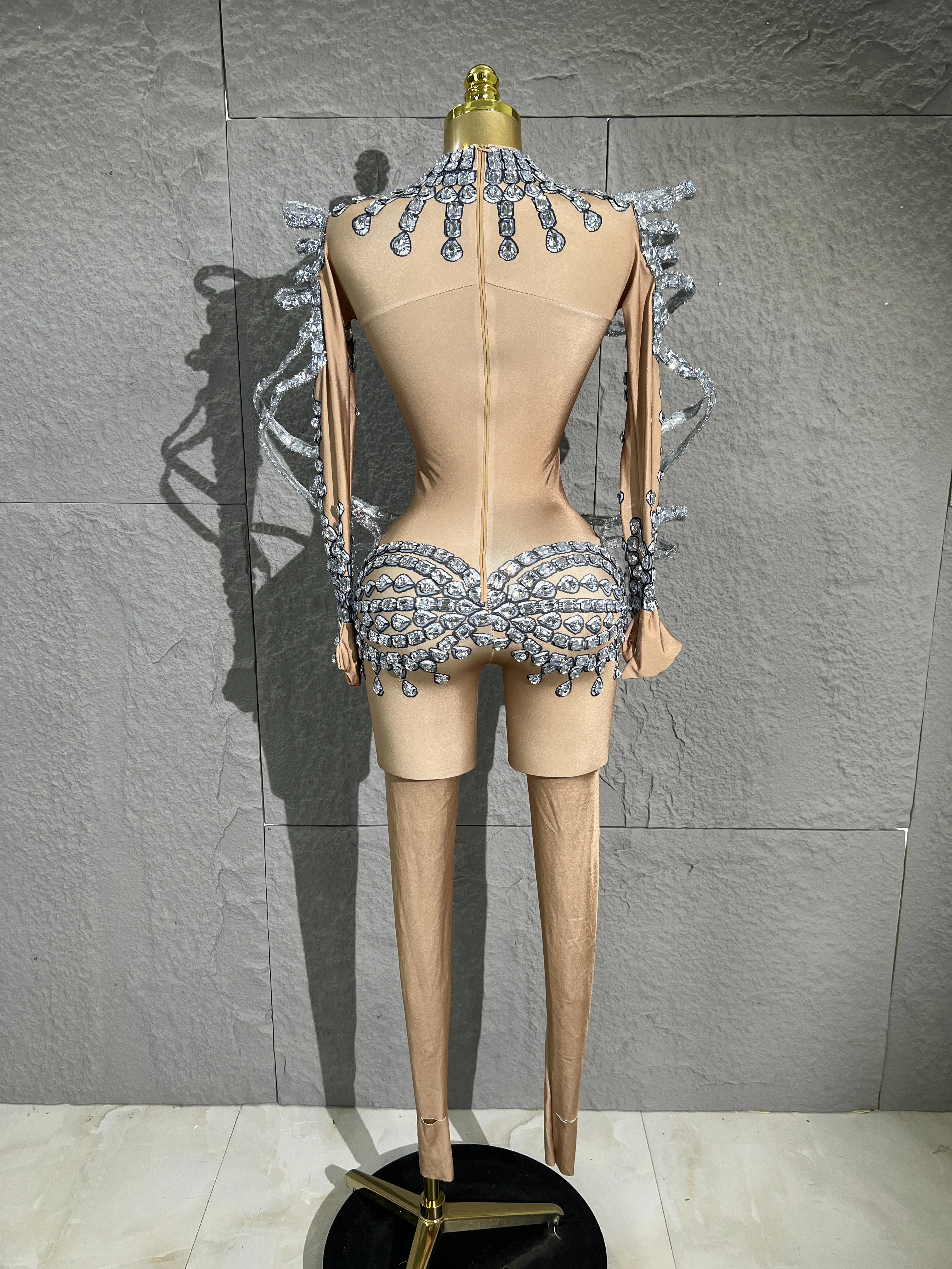 Women Silver Rhinestone Mesh Bodysuit 3DWing Shoulder Decor Cut-Out Full BodyCostume With Gloves Stage Show Pageant Club Outfit - view 4