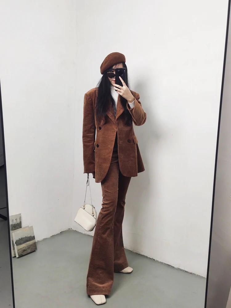 TIYIHAILEY Women Corduroy Jackets And Pants Set Outerwear Long Sleeve High Quality Turn Down Collar Coat Brown Flare Trousers