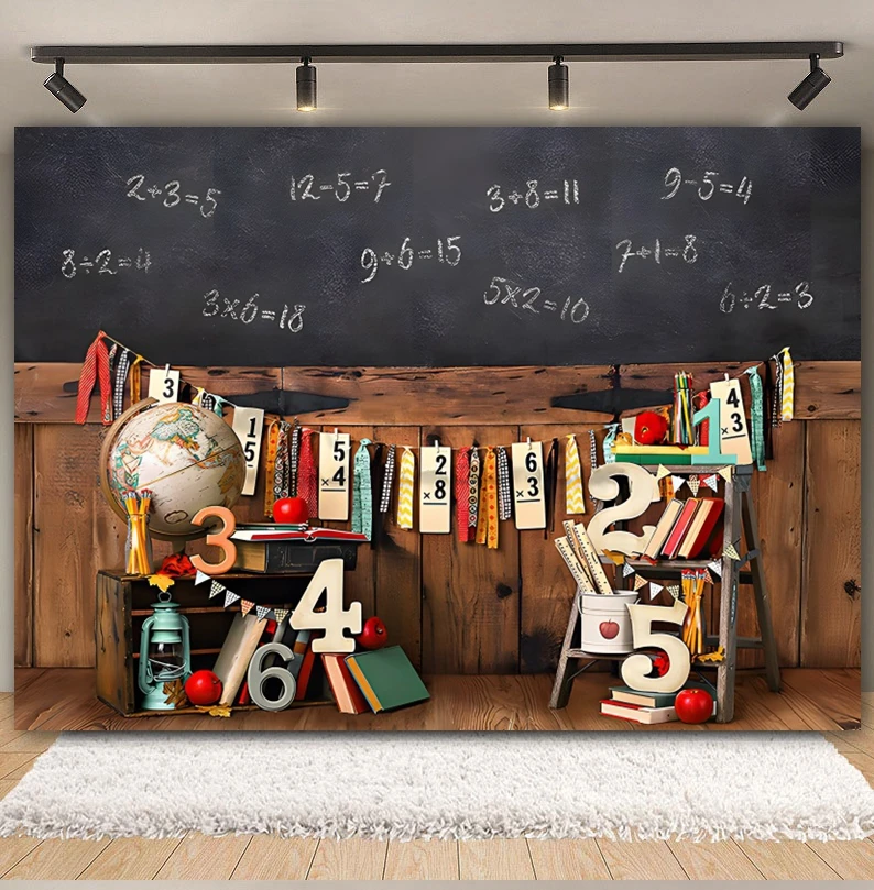 Welcome Back To School Photography Backdrop Black Chalkboard Globe Book First Day of School Homecoming Children Photo Background