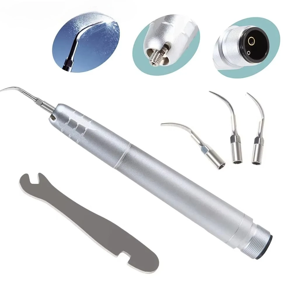 Dental Pneumatic Ultrasonic Scaler Handpiece with 3 Scaling Tips G1/G2/G3 2/4 Holes Compatible for Calculus & Plaque Removal