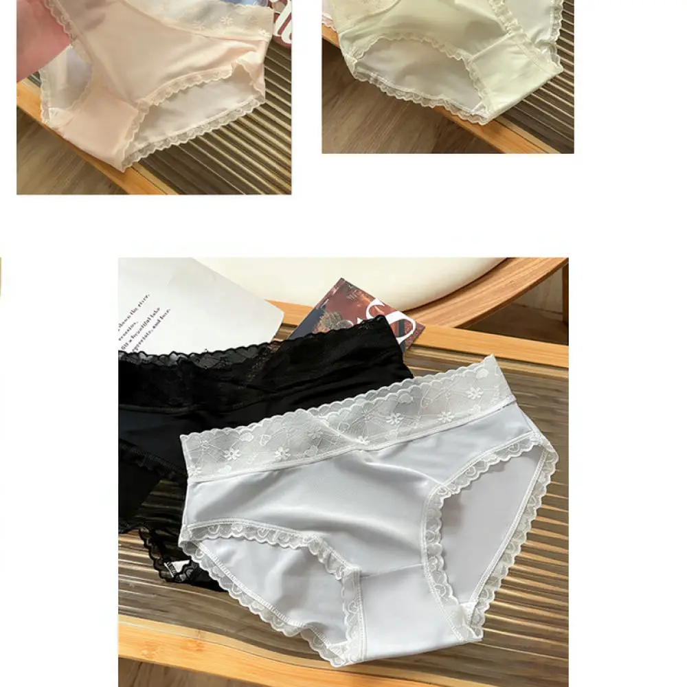 Soft Women Panties Mid Rise Ice Silk Underwear Breathable Cotton Crotch Lace Trim Plus Size Seamless Comfort Lady Briefs