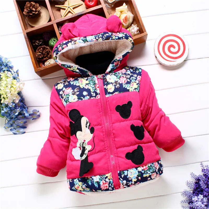 Girls\' Cotton Jacket Winter Children\'s Clothing Sweet Mouse Head Print Thick Baby Coat Cartoon Hooded Cotton Jacket