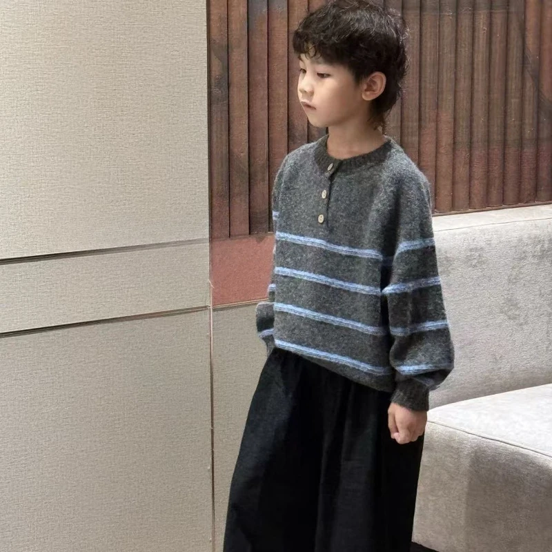 Boys Striped Knit Sweater 2026 Fall Winter Korean Style Cool Gray Pullover Top Casual Streetwear Long Sleeve Base Layer
