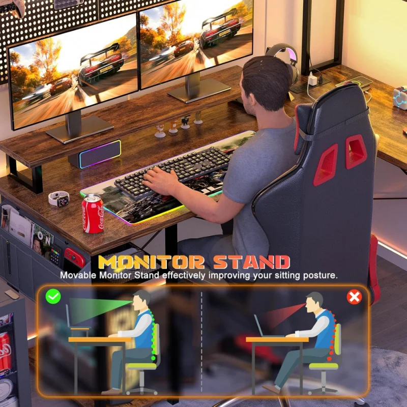 Small L Shaped Gaming Desk with LED Lights & Power Outlets, Reversible L-Shaped Computer Desk with Monitor Stand & Storage