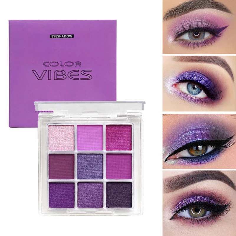 Paleta de sombras de ojos con purpurina, 9 colores, púrpura, violeta, perlado, mate, acrílico, resistente al agua, maquillaje de ojos