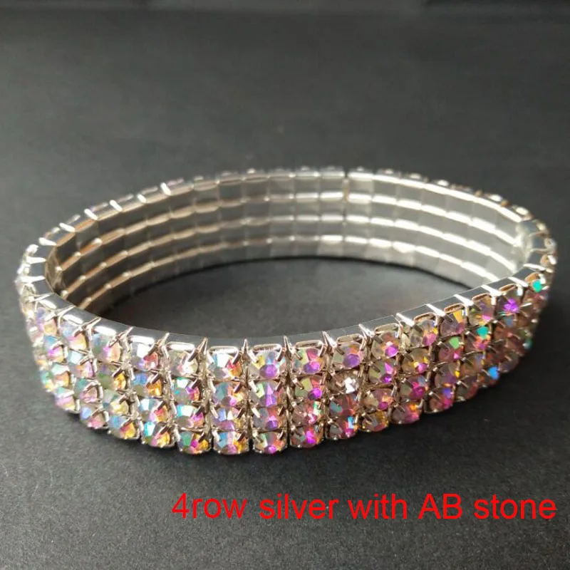 1-10 Rows Rhinestone Bracelets Silver Plated Iridescent Stone Elastic Stretch Bangle Bridal Wedding Bracelet Jewelry for Women