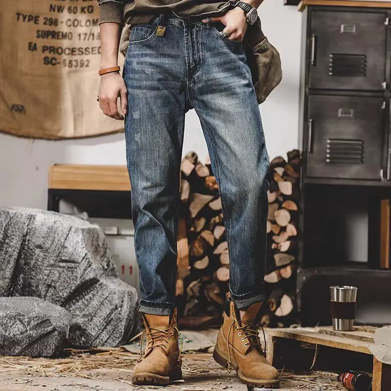 Vintage Men's Loose Washed Straight Jeans Relaxed Denim Pants Retro Casual Long Trousers for Spring Autumn Plus Size Available