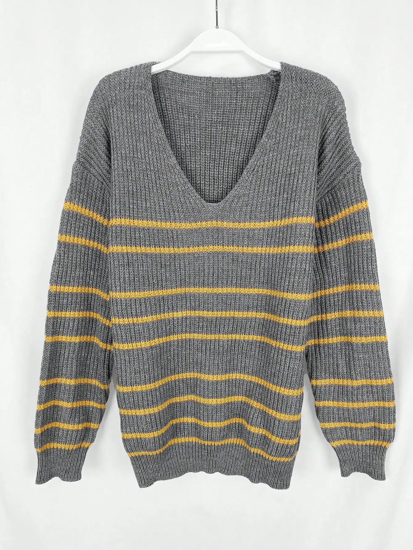 Autumn Winter New Women Elegant Casual V-Neck Long Sleeve Striped Loose Female Sweaters Pullover Tops