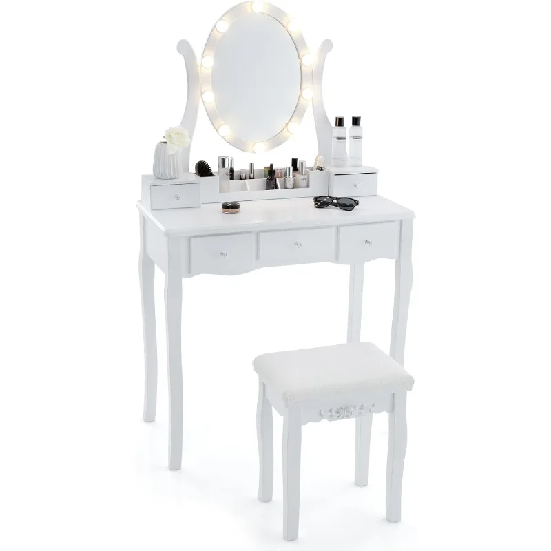 

Туалетный столик «2 в 1» с 10 светодиодными лампочками, туалетный столик с вращающимся 3-цветным режимами, зеркалом с подсветкой, 5 ящиками и мягким табуретом,