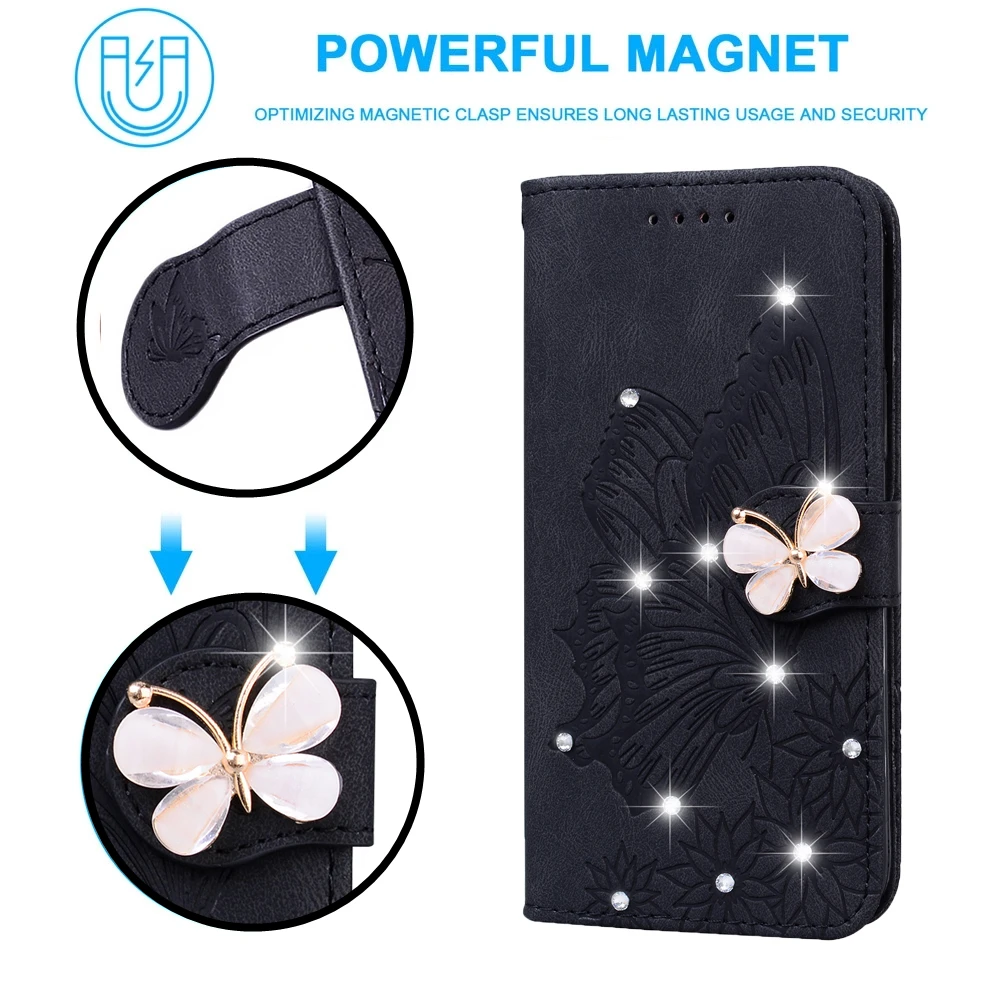 Bling Butterfly Leather Case For Samsung Galaxy A12 A32 A21S A40 A50 A51 A71 A70 A20E A72 A52 A42 A10 Funda Flip Wallet Cover