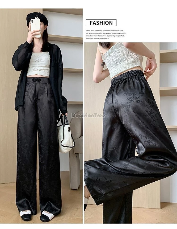 Pantalon en Satin Imprimé de Style Chinois, Nouveau Design à la Mode, Polyvalent, Jambes Larges, à Lacets, Ample, Confortable, Doux, 2024