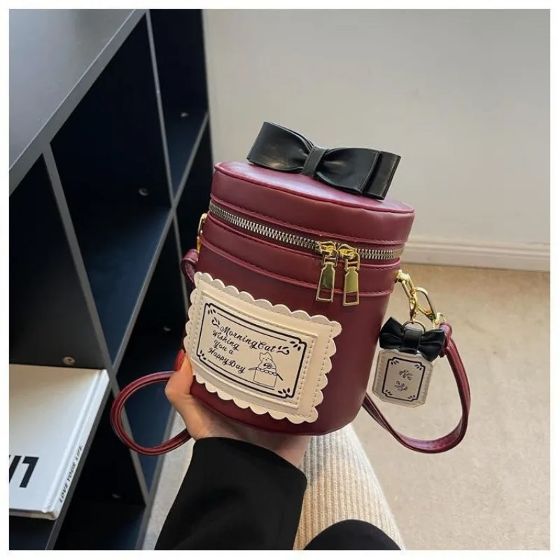 PU Bow Bucket Bags Female 2024 Portable Fashion Shoulder Style Black/burgundy/brown Festival Gift Small Cylinder Bag