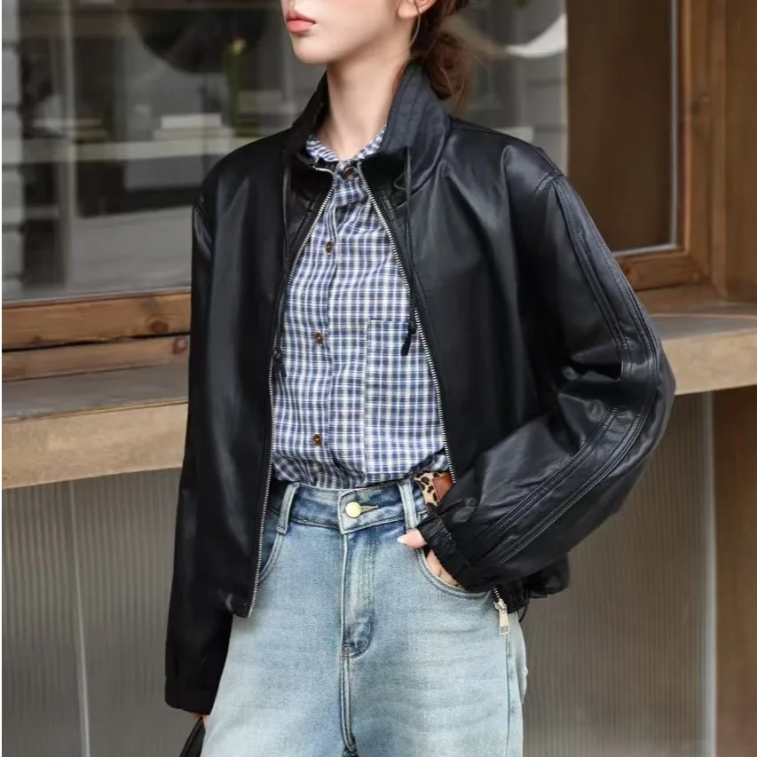 

Повседневная женская верхняя одежда из искусственной кожи с воротником-стойкой и шнурком, элитная европейская одежда, осень-зима, модный ветер для поездок на работу