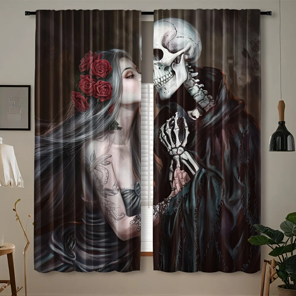 Gothic Skull & Girl Print Curtains Dark Romance Skeleton Pattern Drapes Halloween Living Room Bedroom Window Treatment HomeDecor