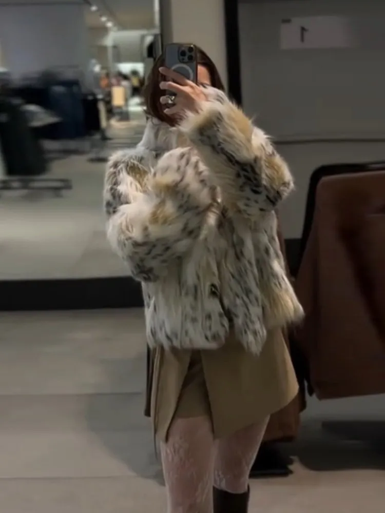 Animal Print Fluffy Faux Fur Coats For Women Chic Thick Warmth Stand Collar Jacket 2025 New Winter Street Long Sleeve Outerwear