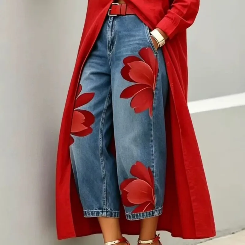 Women's Floral Print High Waist Jeans Office Lady Loose Fit Cropped Wide Leg Denim Long Pants Casual Streetwear Trendy Trousers
