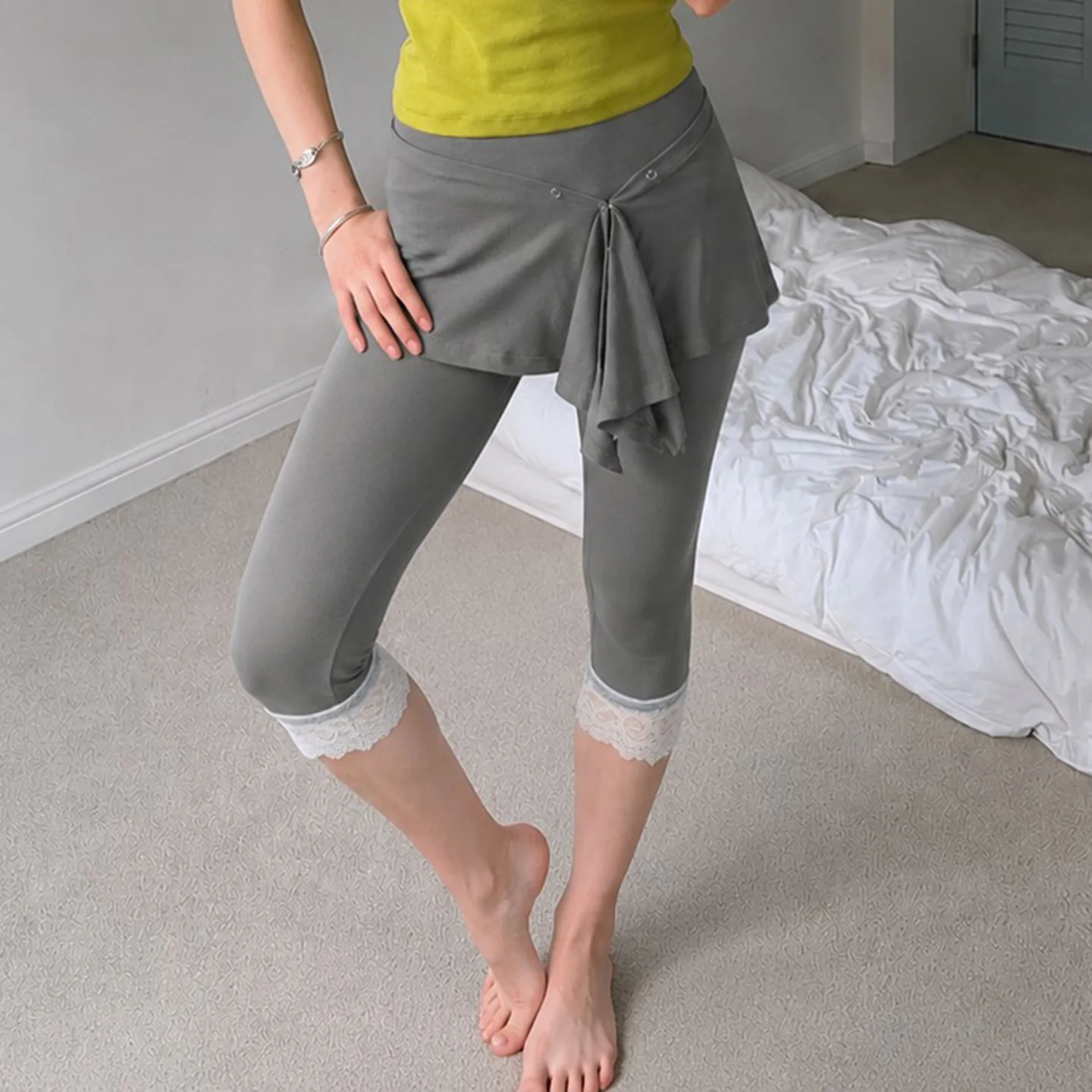 Spice Girls Fake Two-piece Hip Wrap Gray Skinny Pants Lace Splicing Tie Waist Casual Pants Women