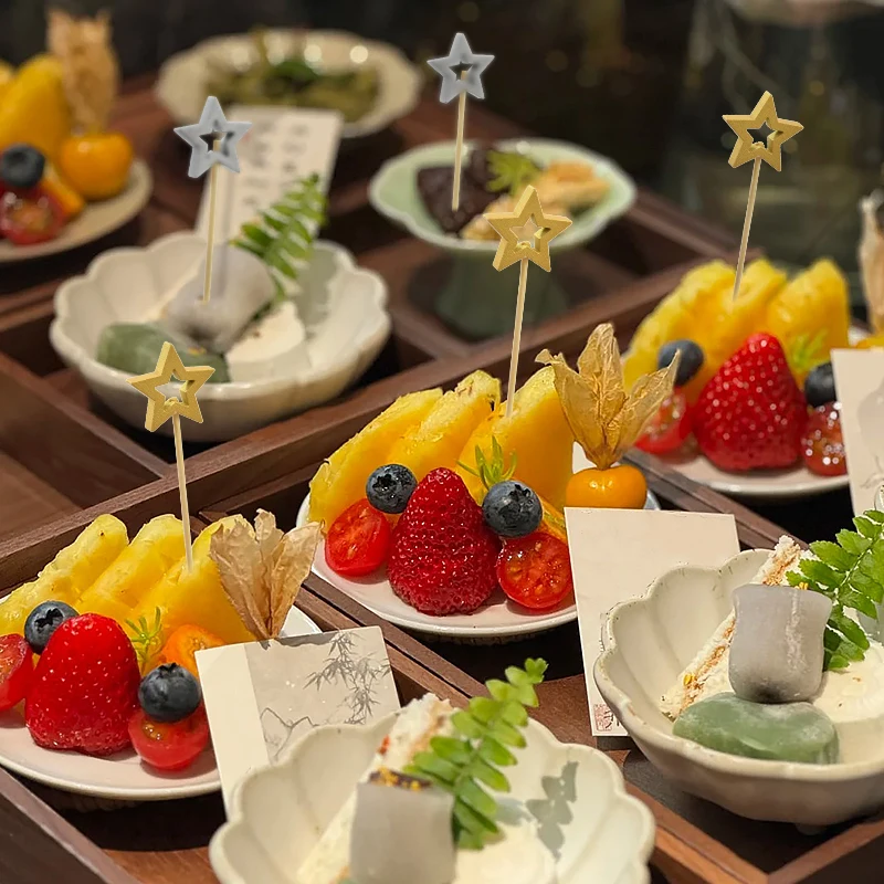 50 Uds estrella desechable brocheta de bambú oro plata Buffet fruta comida selección cóctel Cupcake palo Navidad cumpleaños decoración de boda