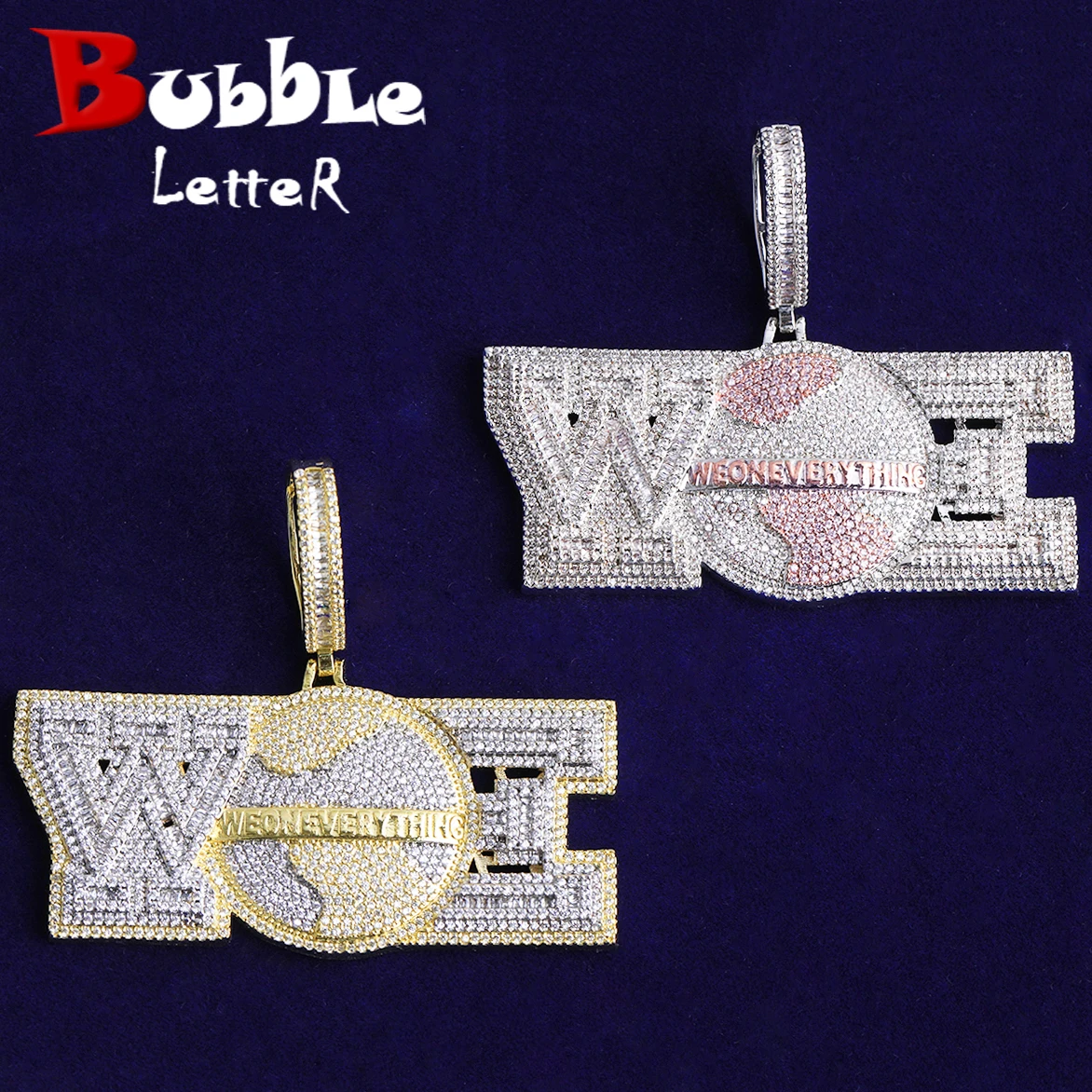 

Bubble Letter Iced Out We on Everything Necklace Pendant for Men Prong Setting Real Gold Plated Hip Hop Jewelry