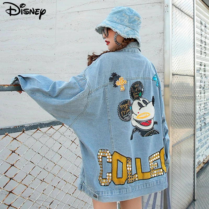 Disney New Arrival Top Fashion Autumn Cotton Loose Casual Cartoon Mickey Mouse Print Beaded Embroidery Destroy Wash Denim Jacket