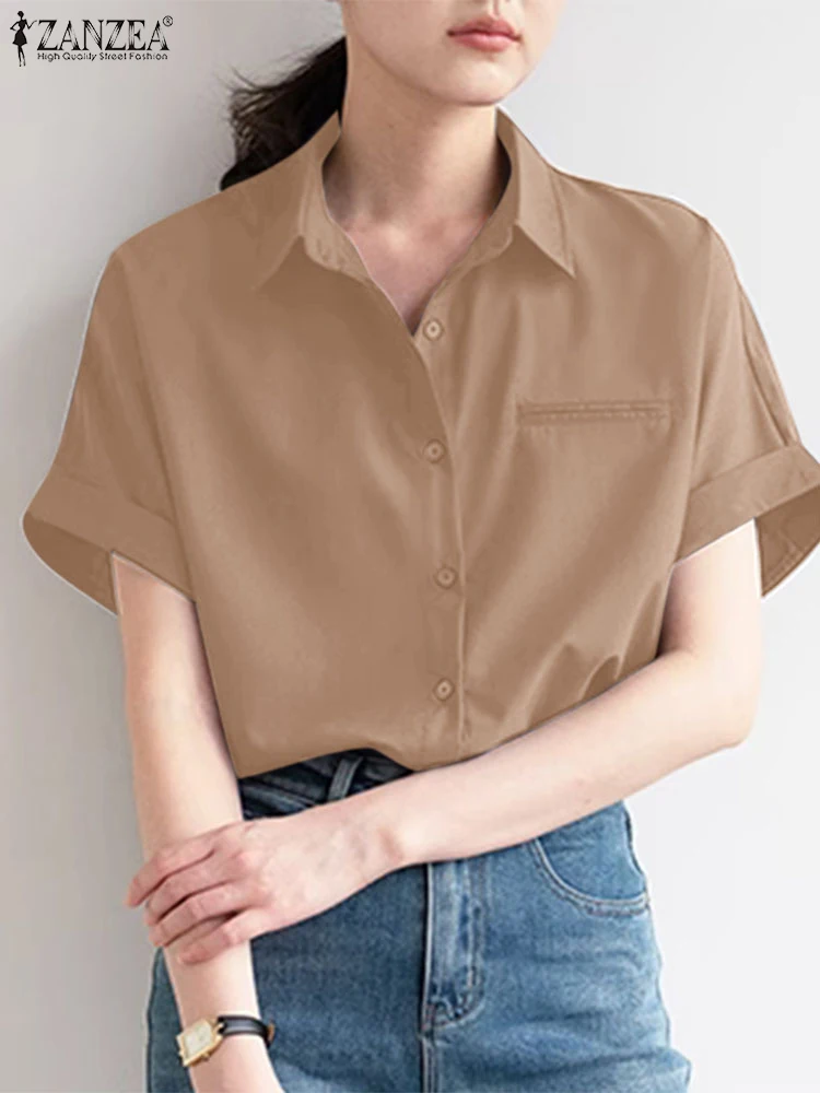 2024 ZANZEA Stylish Summer Lapel Neck Short Sleeve Shirt Women Elegant Blouse Fashion Casual Loose Work Tops Buttons Down Blusas