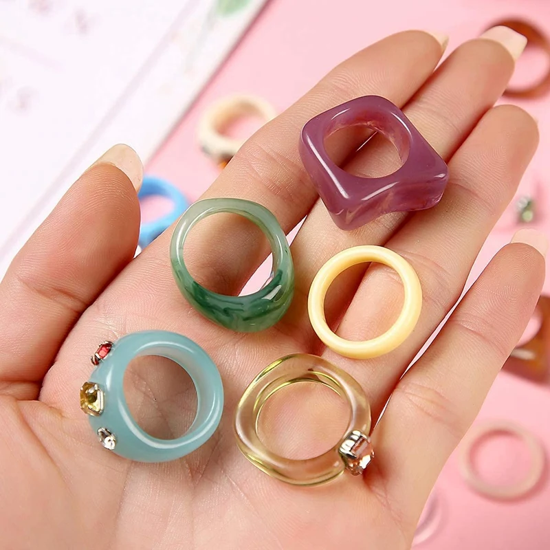 15 Pcs Resin Rings Acrylic Cute Trendy Rings Colorful Rhinestone Rings Jewelry Plastic Square Gem Stackable Chunky Ring