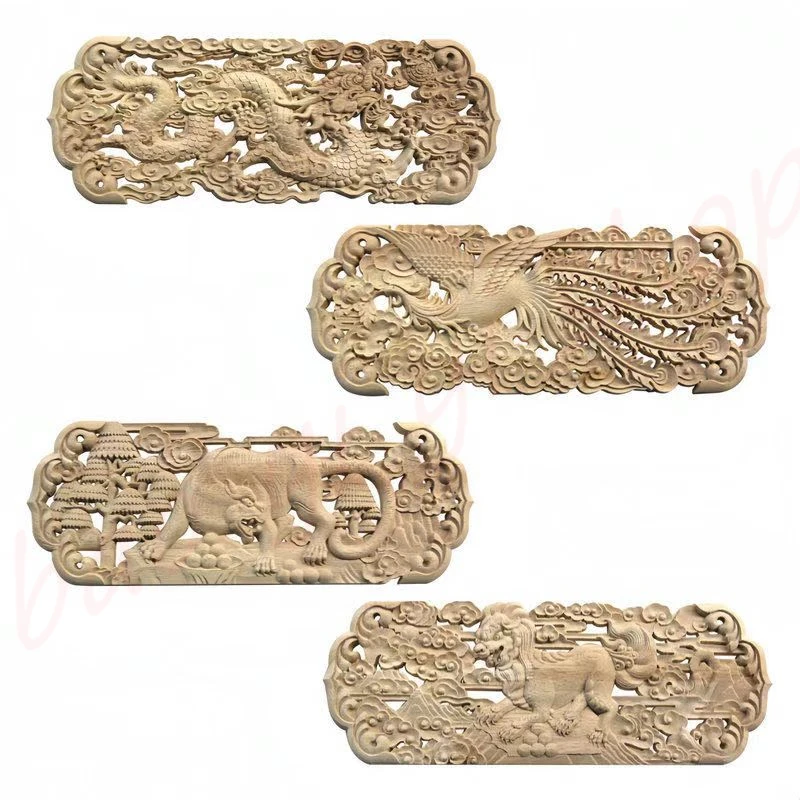 Solid wood carving decorative flower pieces, dragon, phoenix, tiger and lion, home background wall decoration, auspicious decora