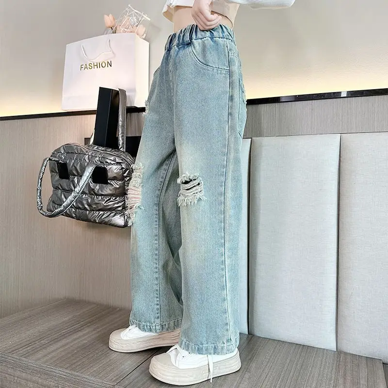 Vintage Ripped Jeans for Girls Fashion High Waist 2024 Spring Autumn Broken Hole Wide Leg Pants Kids Teen Denim Trousers 5-14Yrs