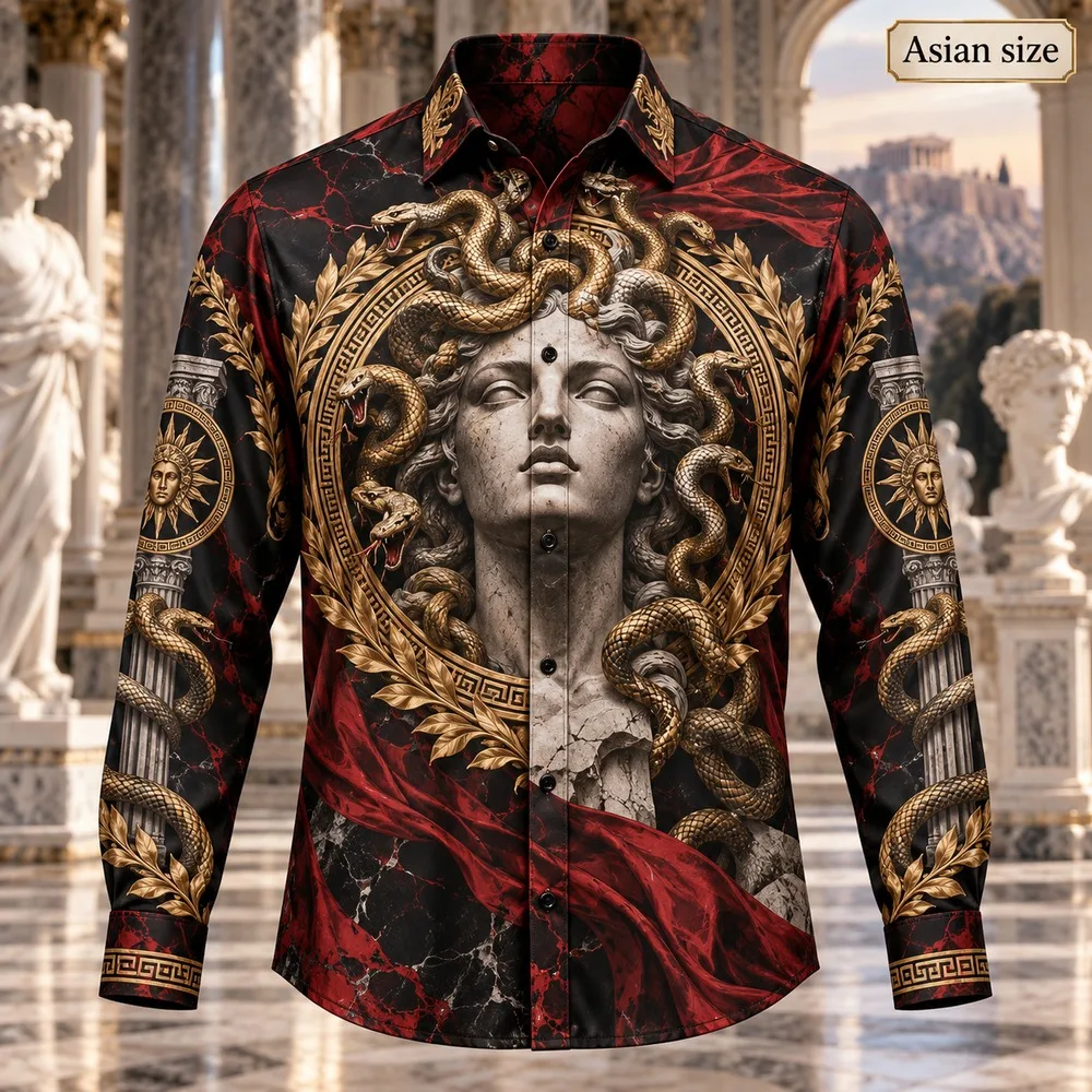 Medusa Long Sleeve Button Down Shirt for Men 3D Print Polyester Graphic Casual Fashion Party Vintage Novelty Outfit Bold