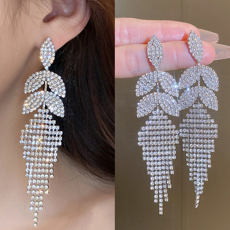 Trendy Luxury Geometric Rhinestone Crystal Drop Earrings Oversize Long Tassel Earrings for Women Statement Wedding Jewelry Gifts