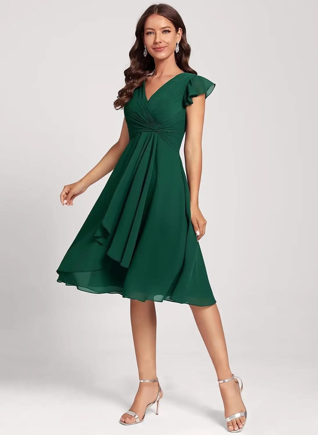 ชุดเพื่อนเจ้าสาวผ้าชีฟองสั้นสำหรับผู้หญิง คอวี แขนระบาย แต่งระบาย ชุดราตรีออกงานพร้อมกระเป๋า IMC006 ชุดราตรี