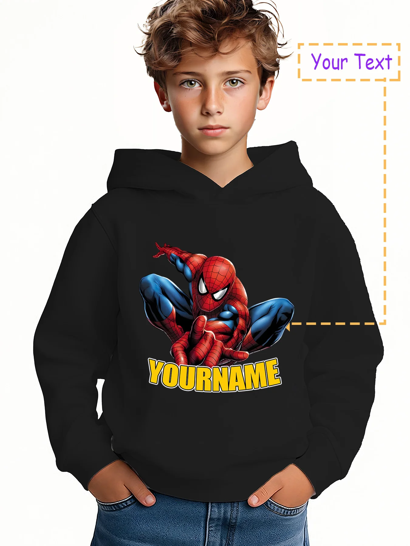 

MINISO Spider-Man Hero Name Hoodie - Spider-Man's handsome attack with "YOURNAME", heroic trendy style, suitable for campus acti