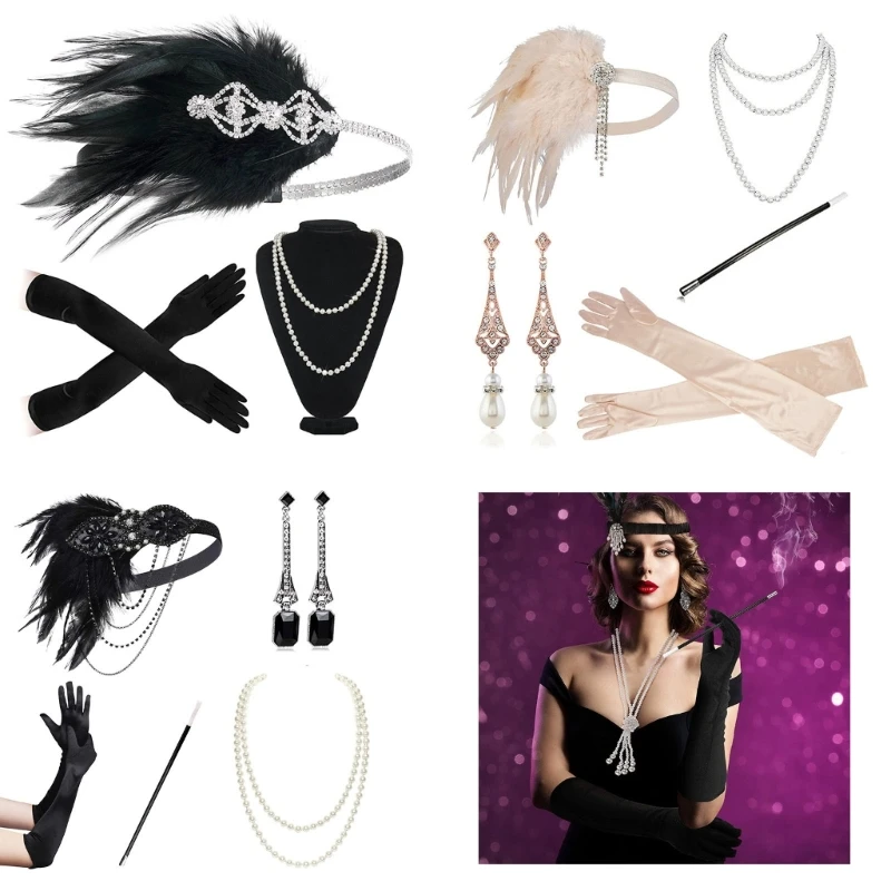 1920s Flapper Costume Accessories Set Party Clothing Accessories with Feather Headpieces Gloves Necklace Earrings