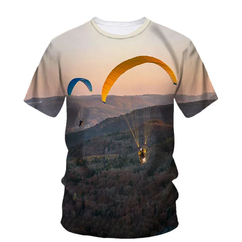 Parachute Paraglider Pattern T-Shirt For Men Sky Scape 3D Printed Short Sleeves Summer Fashion Street Tees Round Neck T Shirts