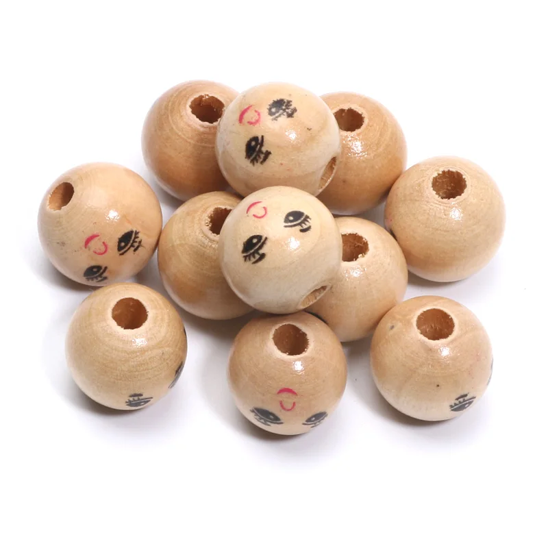 5/10/20pcs Wood Color Round Balls Wood Spacer Beads Smiling Pattern Wooden Beads For Jewelry Making DIY Handicrafts Accessories