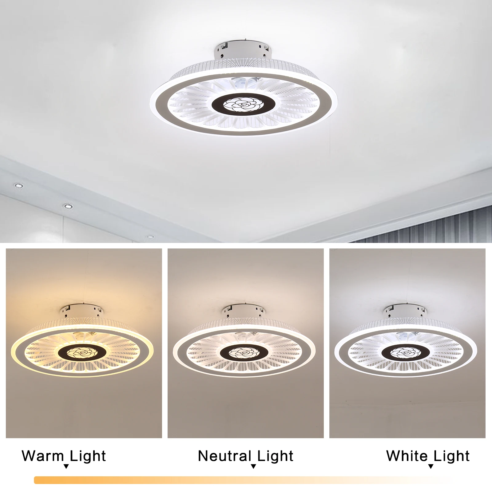 18" Modern LED Round Ceiling Fan Light Acrylic Dimmable 3 Speeds Changes Pendant Fan Lamp with Remote for Bedroom Indoors White