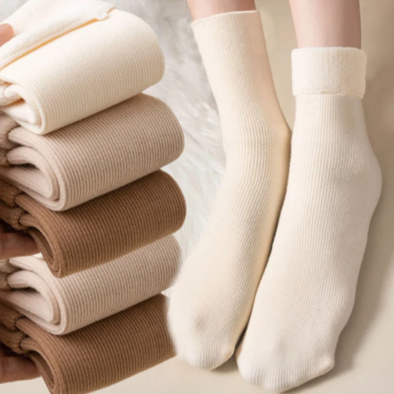 Chaussettes chaudes en laine pour femmes, bas à tube moyen, planche droite verticale, chaussettes en peluche, chaussettes post-partum, bonneterie au sol, hiver