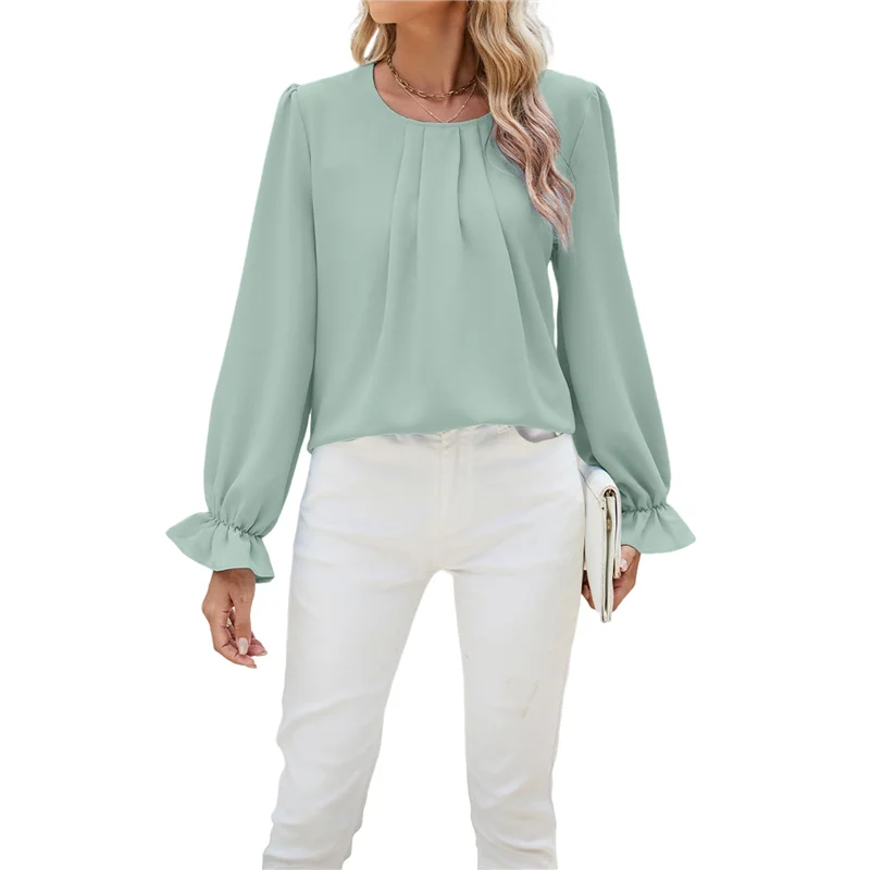 ABRT-レディース ソリッドカラー ラウンドネック 長袖 ルーズ シフォン シャツ トップス ファッショナブルでエレガントなプルオーバー トップス