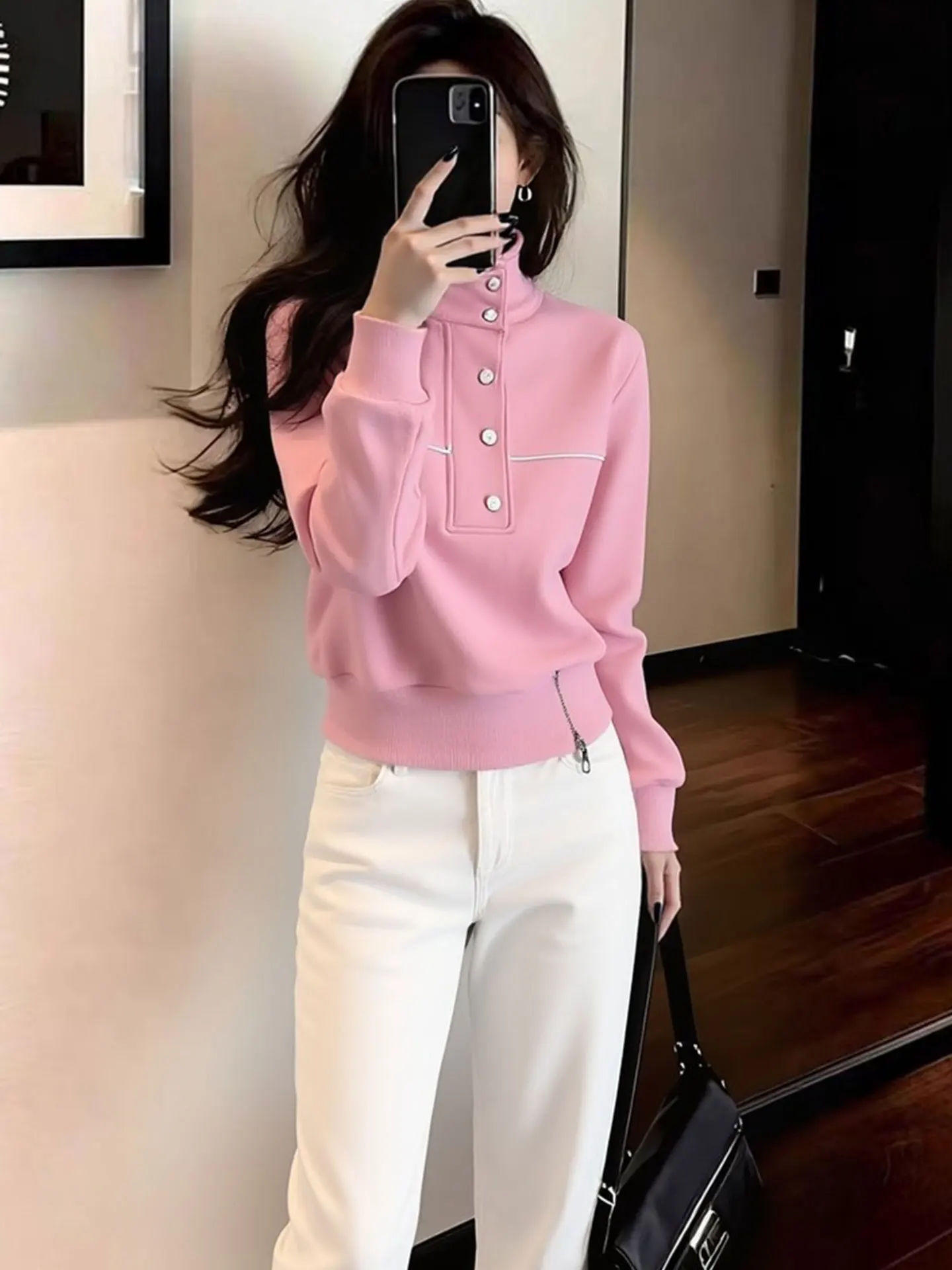 

Korean Sle Thiened Hoodie Long Sve High Collar Sweatirt Spring 2026 Faionable Premium Feel European Sle Women's ...