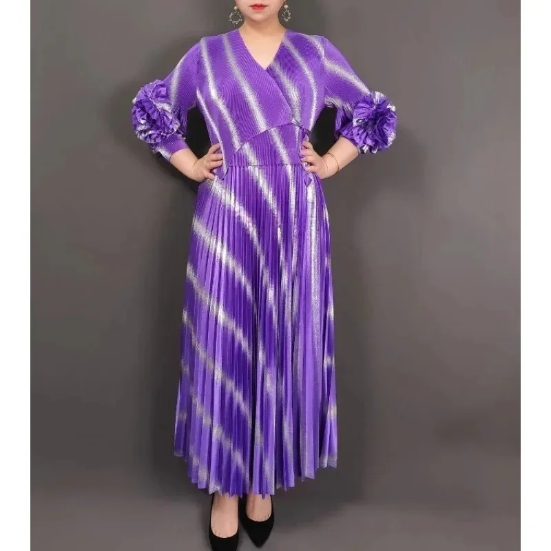 Miyake Damska Wiosenno-Letnia Nowa Sukienka z Dekoltem w Serek, Kwiatami, Paskami, Duży Rozmiar, Plisowana, Elastyczna, Luźna Sukienka Afrykańska na Bal