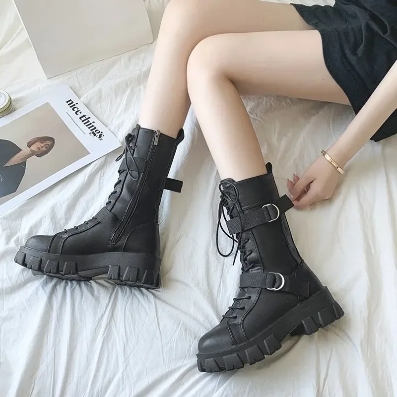 high-quality Women 2024 New Lace-Up Platform Shoes Leather Boots Women British Short Boots Ladies Ankle  Fashion Boots