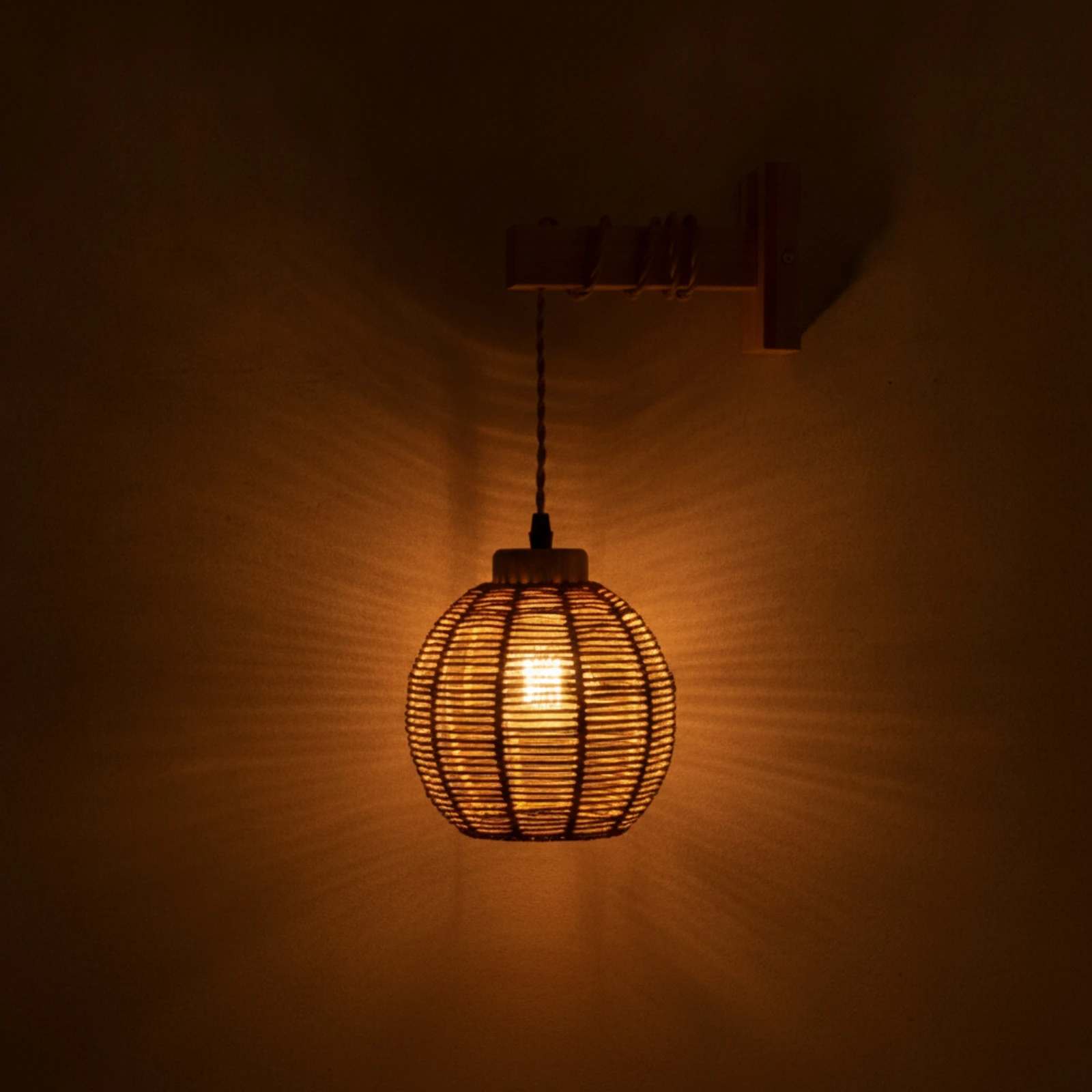 Rattan Wall Sconce with Wooden Arm Farmhouse Wall Lamp with Wooden Arm Indoor Vintage for Bedside, Bedroom