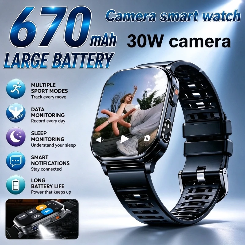 P60 Smart Watch with Camera Video Photos Record Health Monitoring IP68 Waterproof BT Call Sports Fitness Watch with Flashlight