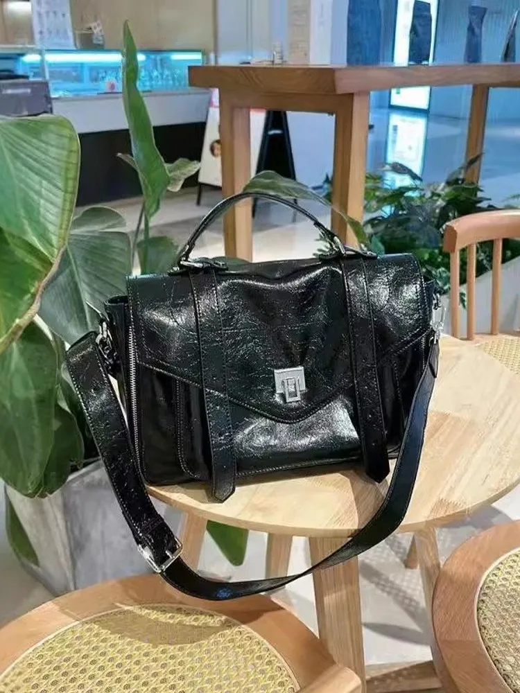 Vintage Office Women Cowskin Genuine Leather Single Shoulder Bag Flap Pocket Hasp Crossbody Bag Designer Fashion Casual Ladies