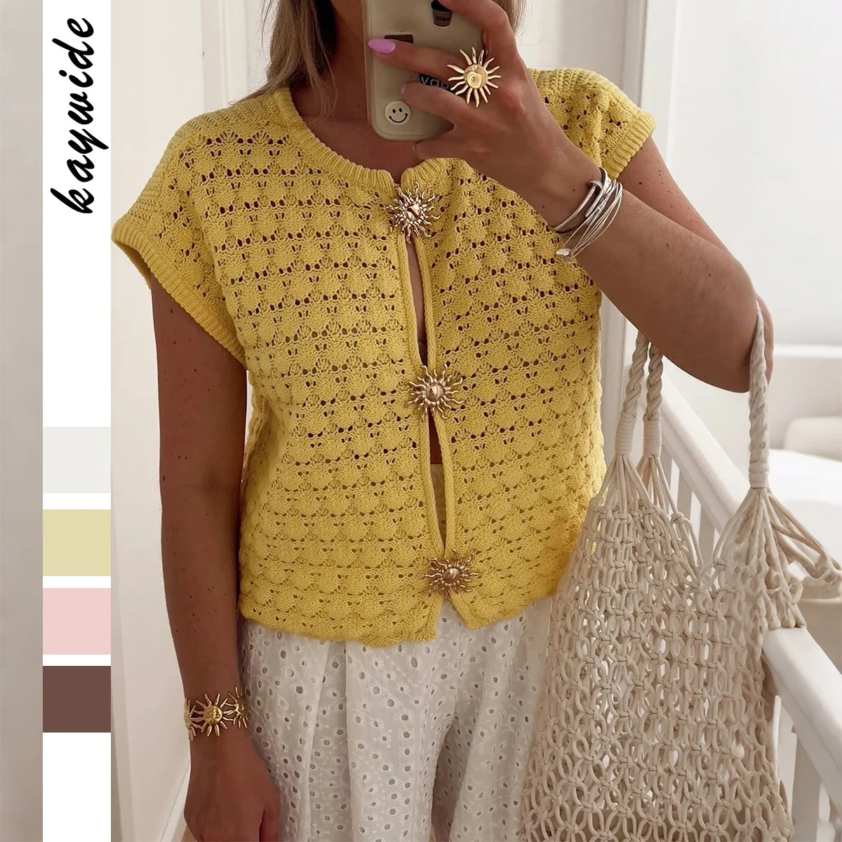 

Xia an Ruodi Yuni Cross-Border Simple Holiday ort Sve Hollow out Knitted T-irt Women's Loose Fit Thiened Autumn Winter